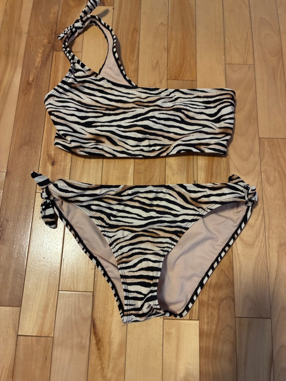 Brown Zebra Print One-Shoulder Bikini Set - Brown and Tan